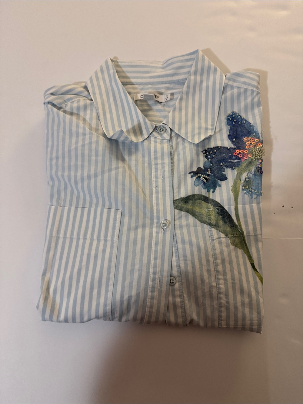 Light Blue Striped Women’s Button-Up Shirt with Floral Embroidery